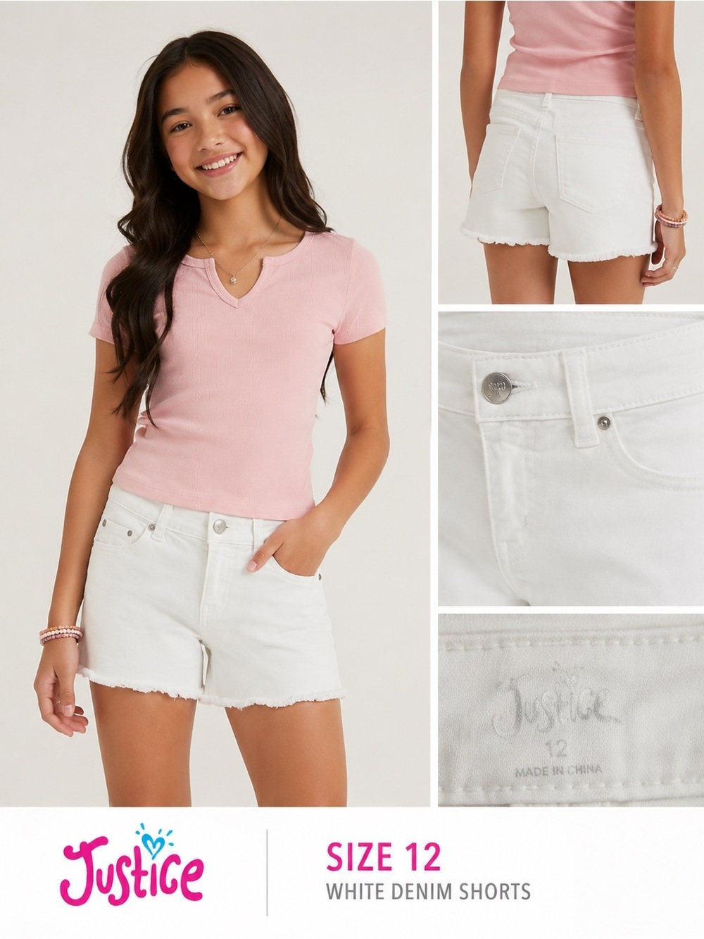Justice Girls White Denim Shorts Frayed Hem Size 12